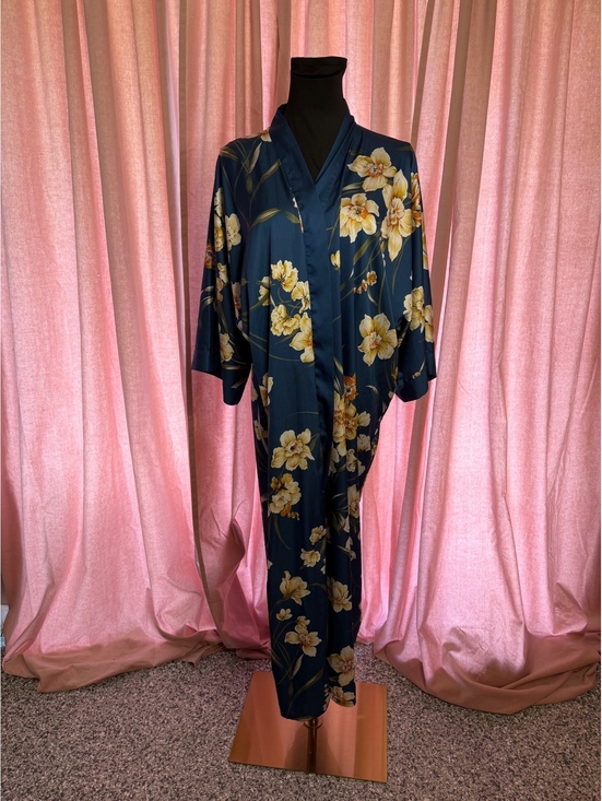 Other - Dark Blue Floral Satin Kimono Robe with Yellow Flowers